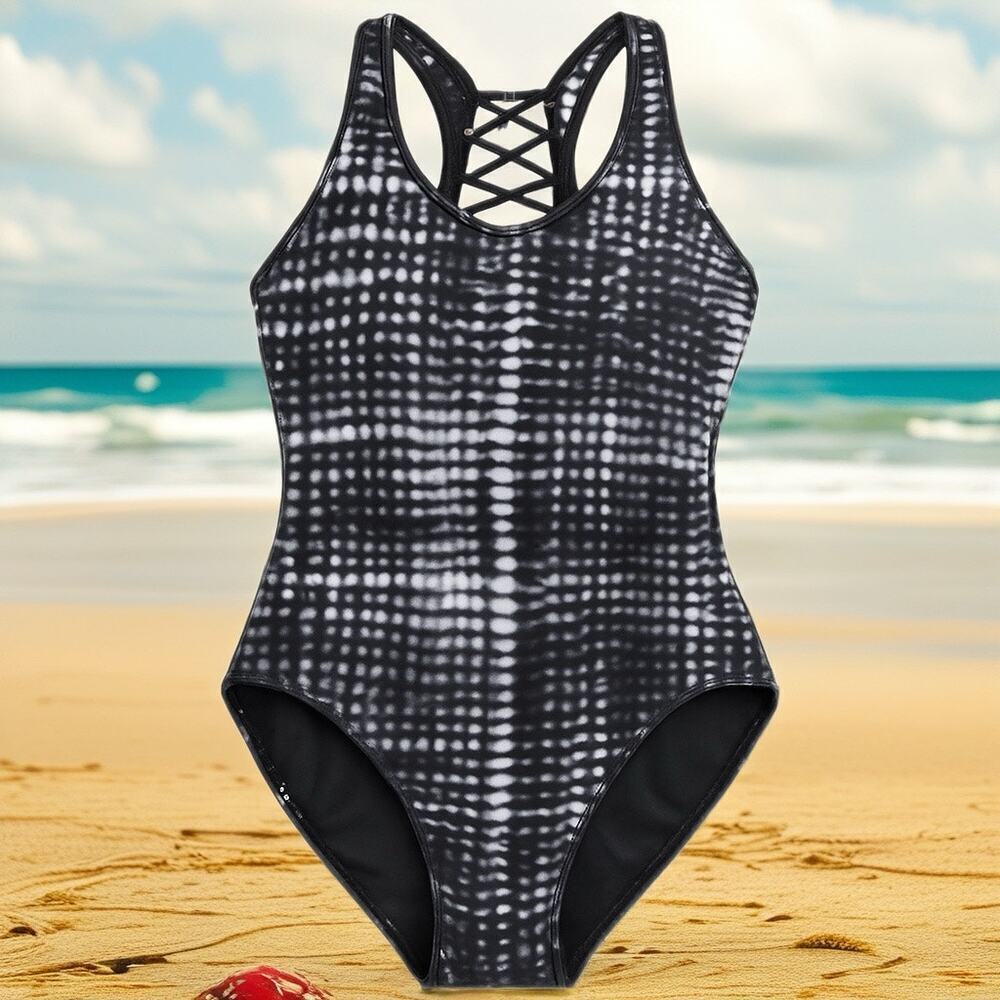Speedo one piece swimsuit size 22 racerback black white tie dye lattice back
